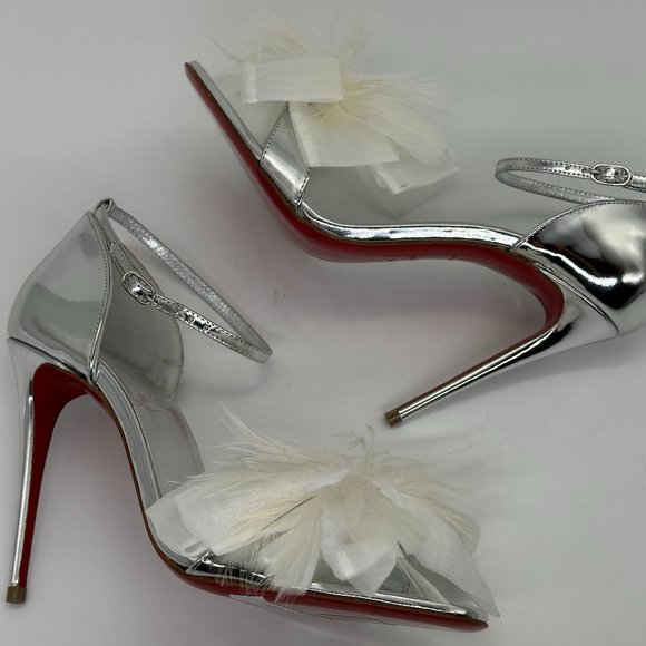 Christian Louboutin ANEMONA 100 Feather Bow Metallic Sandals Heels Shoes - Picture 13 of 16